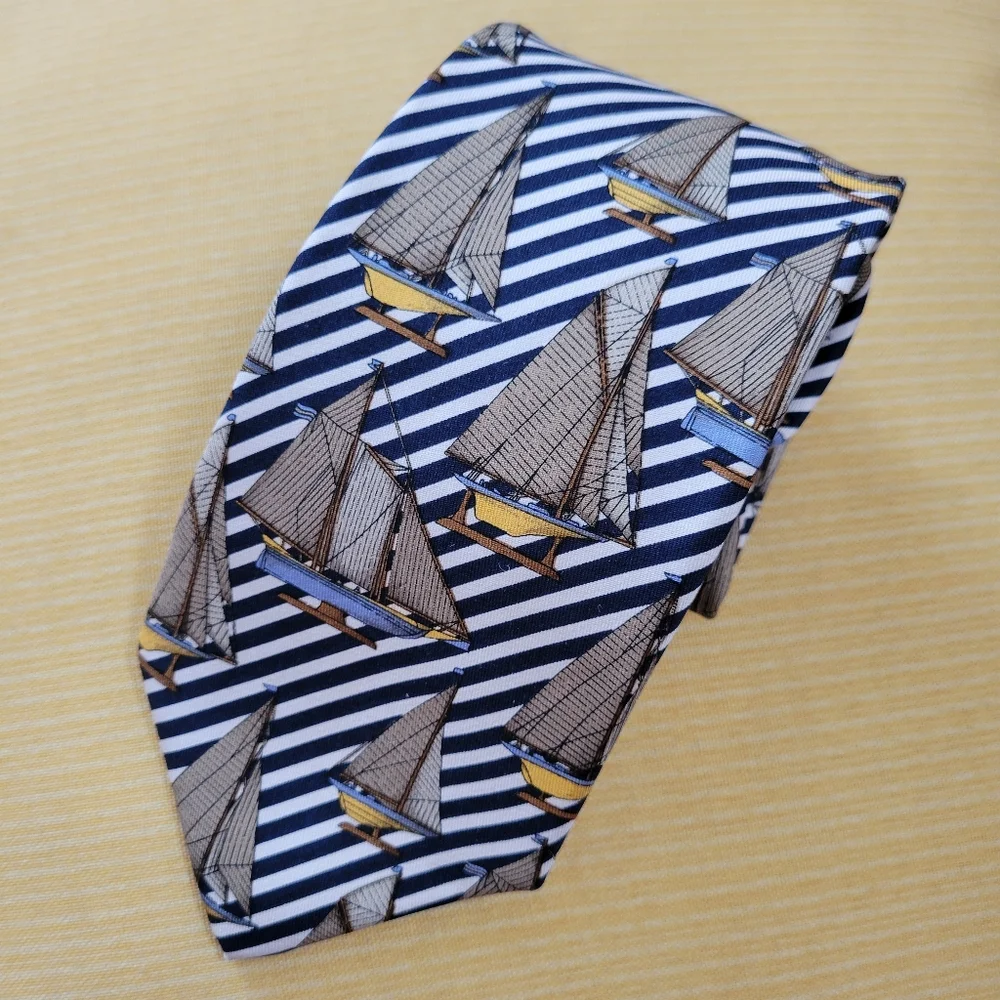 Lands' End Silk Necktie Hand Sewn Nautical Sailboats Coastal Preppy ~ GUC ~ 80s